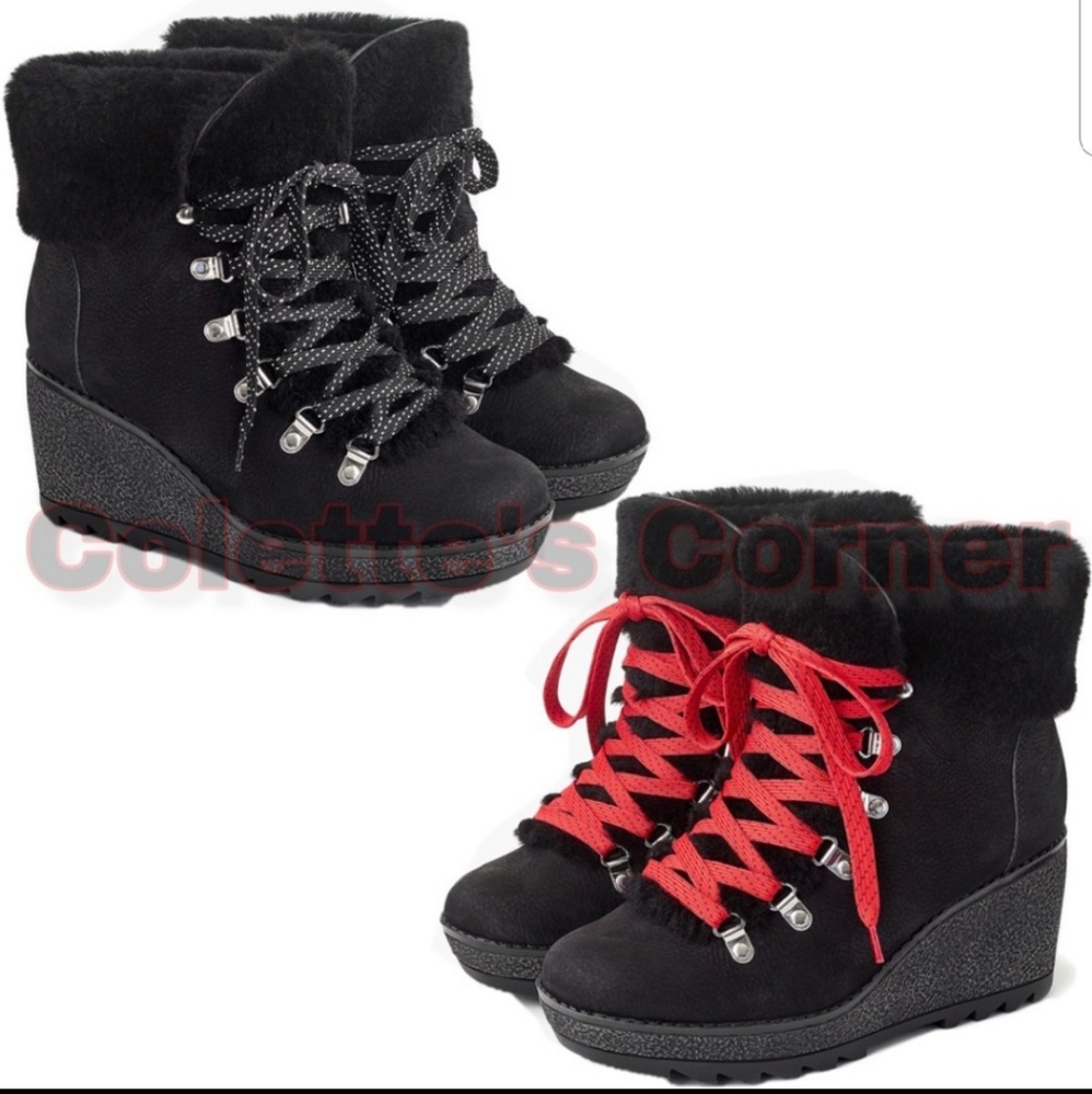 J. Crew Black Nordic Wedge Shearling Cuff W/Red Lace- Up Ankle Boots/Bootie